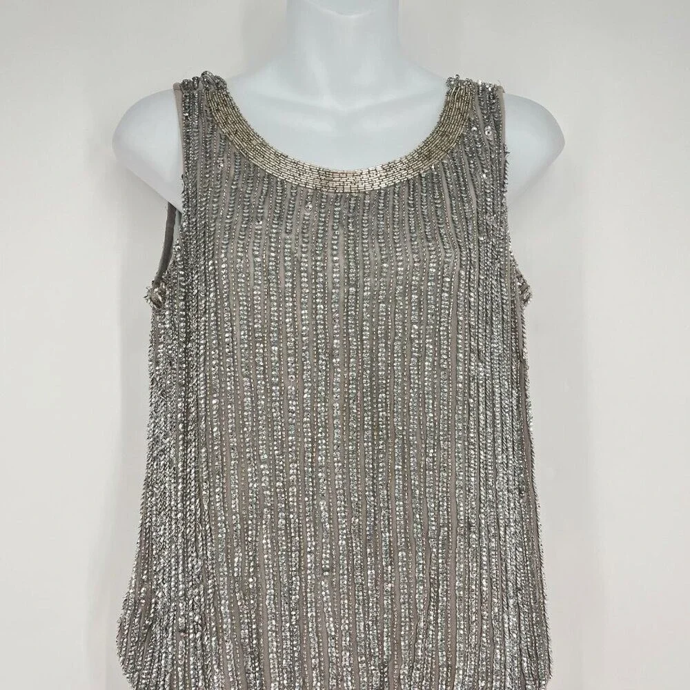 Adrianna‎ Papell Silver Sequin Sleeveless Flapper Party  Dress Size 6